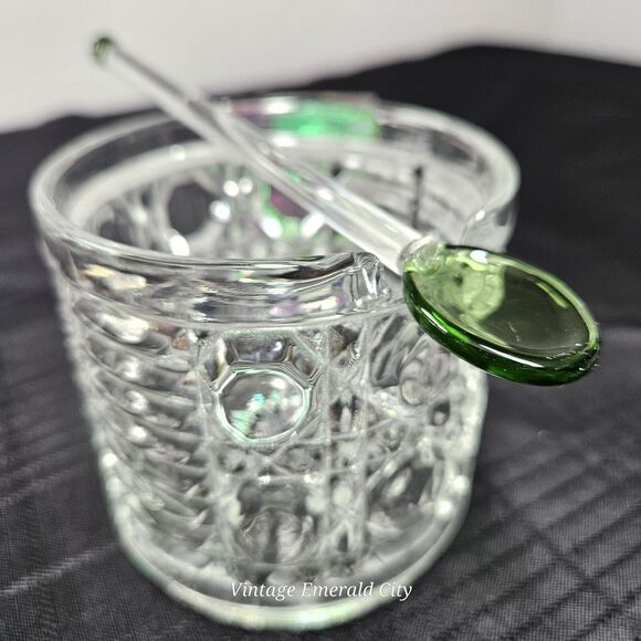 Vtg Indiana Glass Royal Brighton Jam & Sugar Set Beehive Free Emerald Spoon Read - Picture 10 of 12